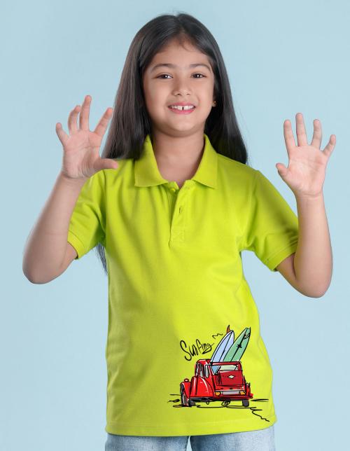Nusyl Car Printed Lime green Girls Polo T-shirt