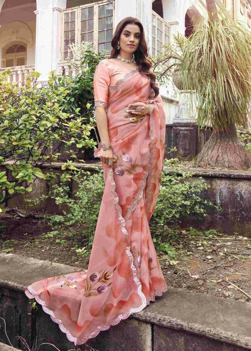 Nupur Collection Women Peach Floral Hand Printed Organza Saree with Cutwork Embellish Border