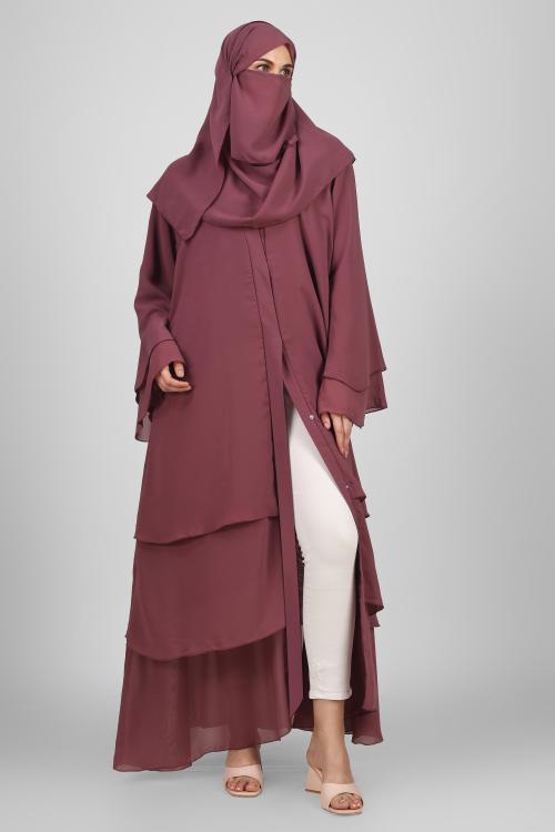 OVAIS ABAYA COLLECTION Three Layered Abaya Front Open Best Of Daily Were For Women-MAUVE PINK-L