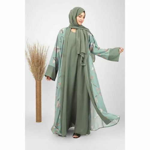 OVAIS ABAYA COLLECTION Marhaba Double Shrugs Printed Tai dye Abaya For Women Best Of All Season Green L