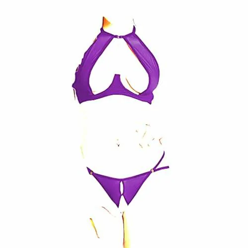 Psychovest Purple Lace Transparent Stripped Back And Panty Lingerie Set