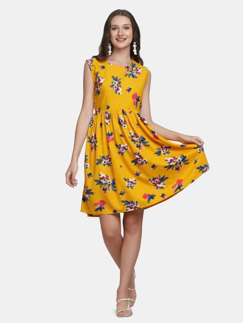 Laycra Women Yellow Printed Polyester A-line Dress