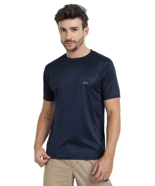 FTX Men's solid round neck structured fabric half sleeve Navy casual Tshirt