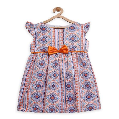 GOLDEN BOW Georgette Printed Cap Sleeve Round Neck Gathered Dress with Satin Bow on Waist for Girls (Orange)