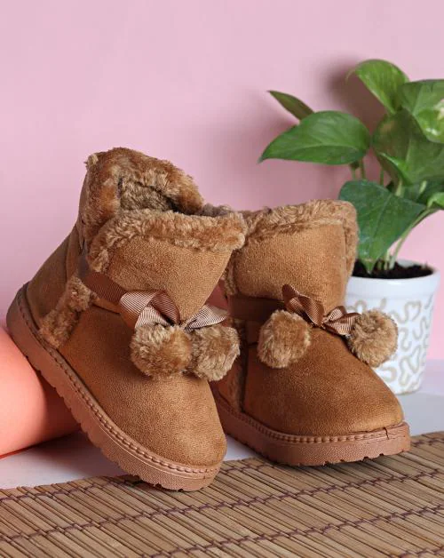 Passion Petals PU Winter Boots With Front Pom Pom For Girls - Brown