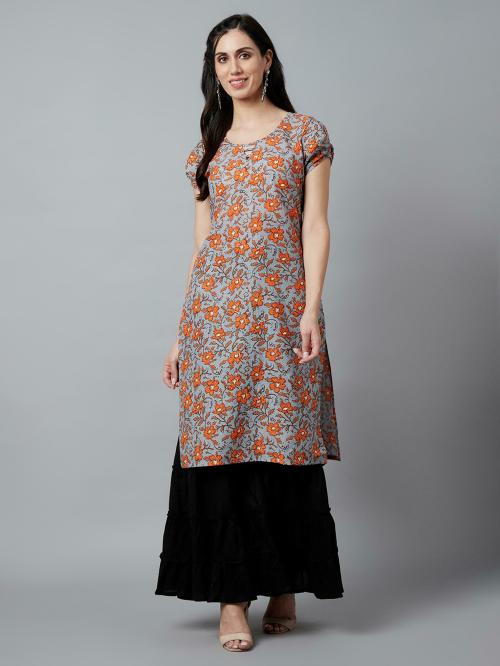Aks Grey Floral Printed Straight Kurta
