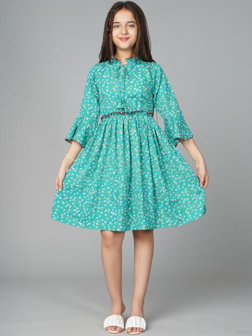 Bollylounge Girls Turquoise Floral Crepe Single Fit And Flare Dress