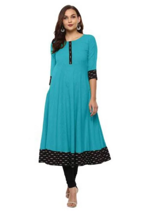 Reeta Fashion Light Blue Color Cotton Plain Crepe Strip Kurti For Women
