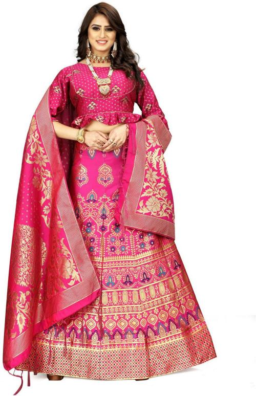 Aparejar Women Pink Self Design Cotton Blend Semi Stitched Lehenga Choli