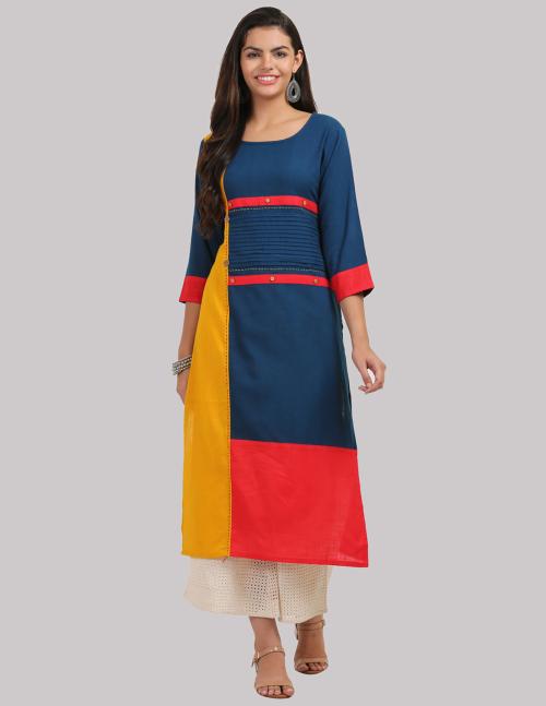 KSUT Navy Blue,Mustard And Red Color Blocked Straight Kurta With Katha Work Detaiing On Front Panel