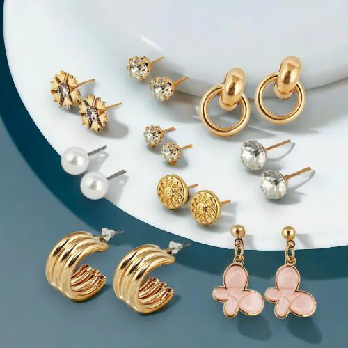 LUCKY JEWELLERY Fashion 9 Pairs Combo Set Of Latest Earrings Stylish Pearl Floral Stud Gold Plated Butterfly Dangle Earing Chain Link and C Shaped Hoops Earring for Women & Girls (225-CHEX-1156-9)
