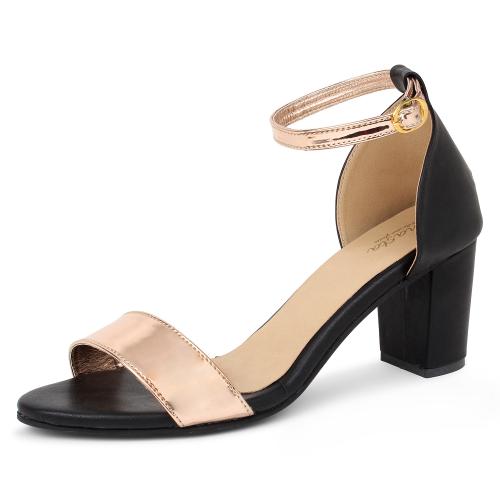 Snasta Womens Metallic Rose Gold Ankle Strap Block Heels