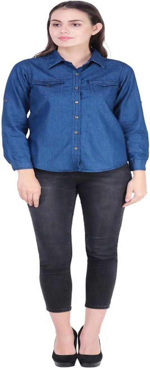 OOTPTAANG Women Dark Blue Solid Denim Casual Shirt