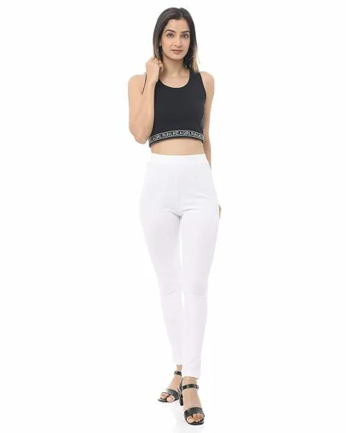 Crepeon Incredibly Personal Women's Super 100% Cotton Elastane Stretch White Leggings with Ultrasoft Waistband (Pack of 1) (M)