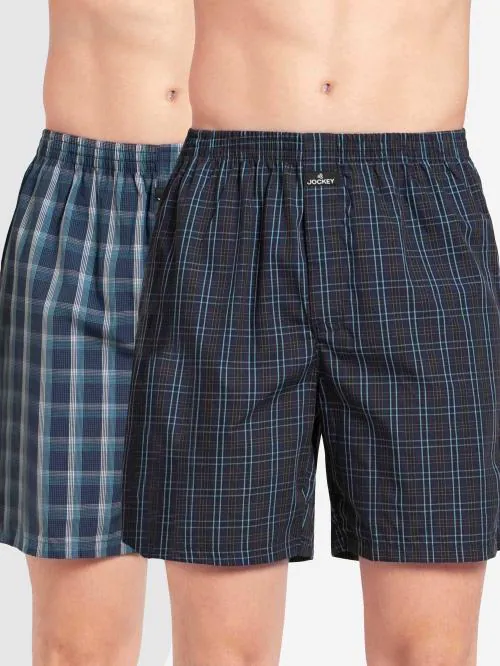 Jockey Style 1223 Men's Super Combed Mercerized Cotton Woven Checkered Boxer Shorts with Side Pocket - Multi Color Check(Pack of 2)