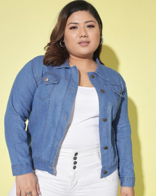 Buy BuyNewTrend Solid Plus Size Light Blue Women Denim Jacket Online at