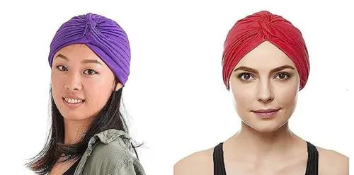 PlutoProm 2 Pieces Stretchy Turban Cap Chemo Head Wraps Bennie Twisted India's Hat for Women Girl Readymade Turban Head Wrap Lightweight Cap Headwear Sikh Pagri (Red Purple)