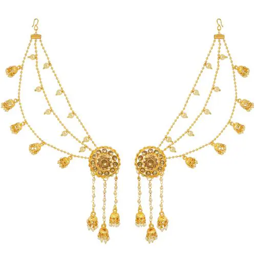 Fresh Vibes Golden Bahubali Earrings with Chain | Traditional Style 3 Jhumkis with Hair Chain Attachment for Women