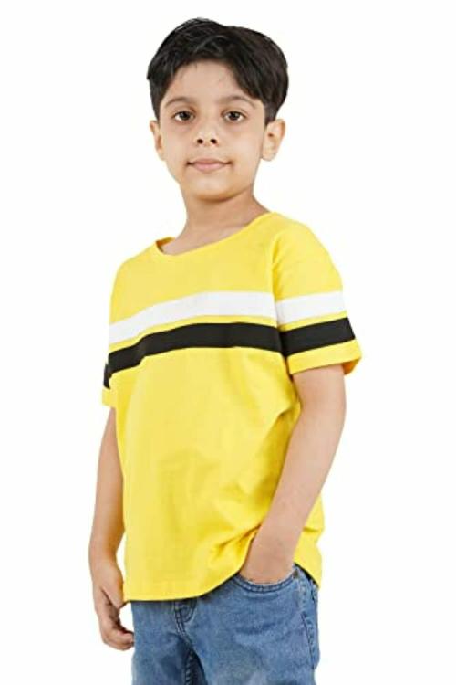 PINK NUITS Boys Yellow Striped Cotton T-Shirt 5-6Y