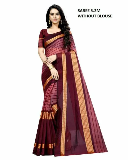 Saadhvi Women's Maroon Cotton Silk Woven Saree Without Blouse(5.2M ShaliniMaroon, Free Size)