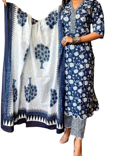 Ridnish Women's Printed Cotton Half Sleeves Chicken Lace c Work Kurti with Pant & Cotton Dupatta