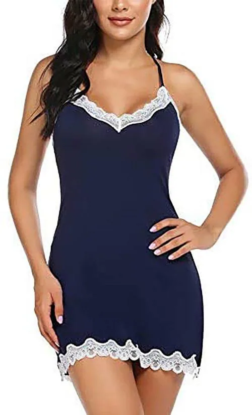 Boldwink Womens Blue Floral Polyester Lace Above Knee Baby Doll Dress