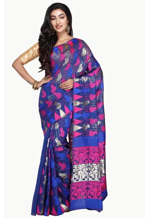 CRAFTONI All Design Women Dhakai Jamdani Soft Cotton Silk Saree with Blouse Piece (Blue)