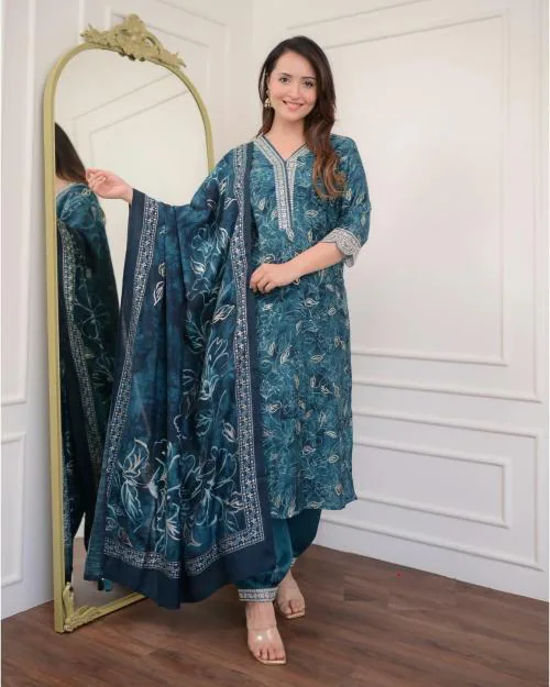 Nermosa Women Blue Printed Viscose Rayon Kurta Pant And Dupatta Set| Kurta Set Women