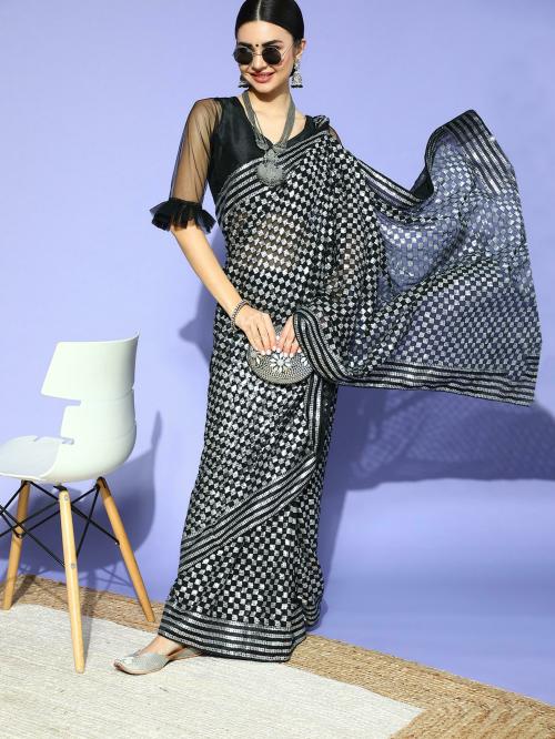 Chhabra 555 Black Metallic Sequinned Bling Designer Party Wear Saree With Embellished Blouse