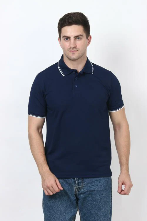 Forest Club Dull Drifit Matty Navy Blue Solid Polo T-shirt With White Tipping, Size - L(40)