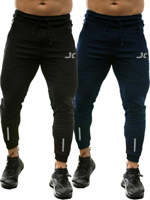 Jump Cuts Men's Reflective Printed Black and Navy Polyester Slim Fit Trackpant