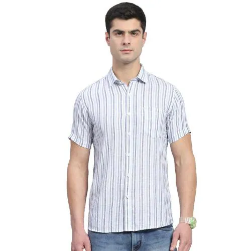 MONTE CARLO Men Purple Striped Linen Casual Shirts