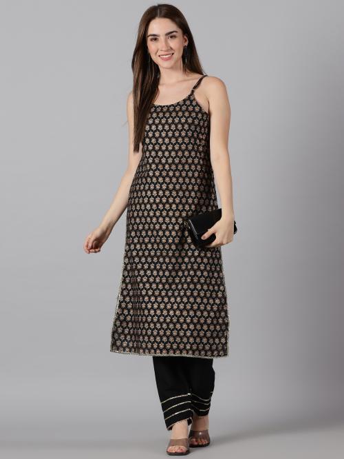 Jistra Kurta pant set | Kurti set for women | Sleeveless Kurti Pant Set ( Black)