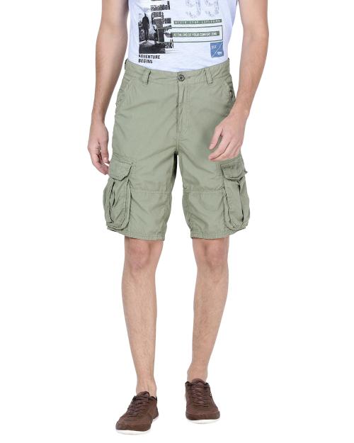Buy tbase Cotton RFD Solid Kashmir Green Overdyed Cargo Shorts Online