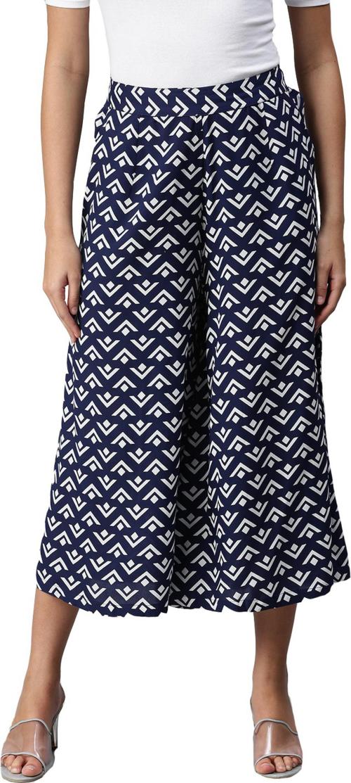 De Moza Women Blue Printed Viscose Rayon Regular Fit Trousers (Xxl)