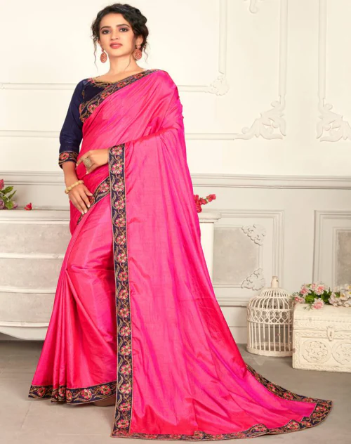 ATTIRIS Women's Silk Solid/Plain Border Saree with Blouse Piece (0.9m)