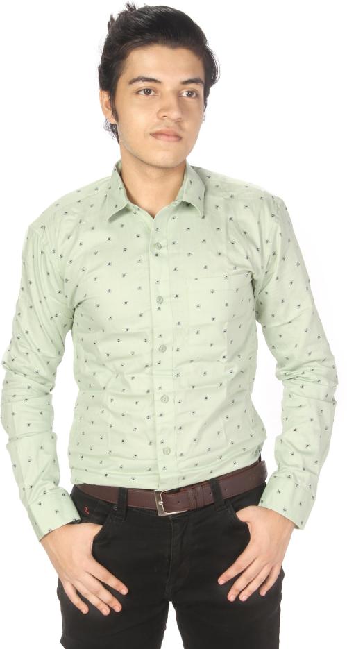 Rylax Men Light Green Printed Cotton Linen Regular Fit Button Down Collar Party Shirt