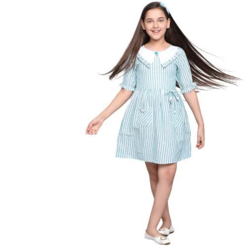 Curly Tales Girls Green Cotton Frock (7 Years-8 Years)