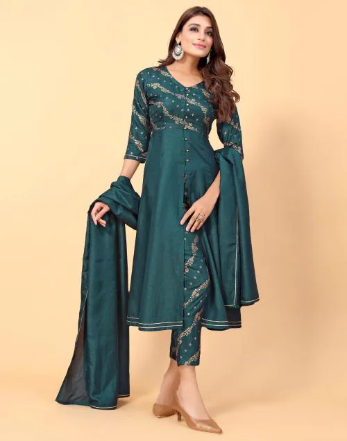 Skylee Women's Green Color Silk Blend Kurta Set with Dupatta | kurta suit set for women | kurta set | kurta suit set with dupatta