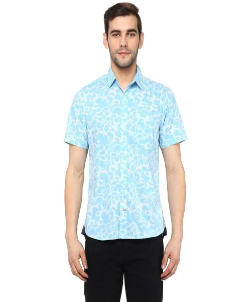 Red Chief Sky Blue / White Half Sleeve Printed Smart Slim Fit Cotton Casual Half Shirt for Men
