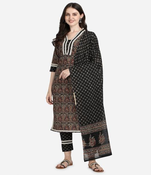 Sitaram Designer Women Black Coloured Ethnic Motifs Printed Pure Cotton Kurti with Trousers & With Dupatta