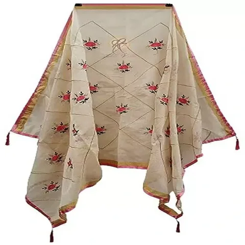 APIXA Cotton Silk Embroidered Multicolor Women's Fancy Dupatta Collection for Every Occasion (Off White-Pink)