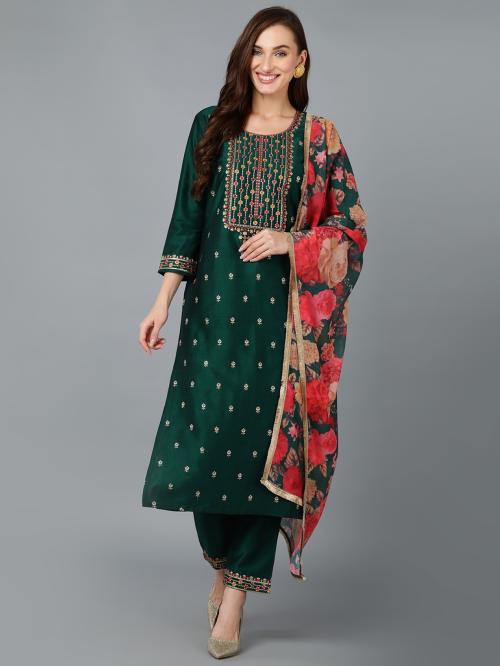 Vaamsi Women's Silk Blend Dark Green Embroidered Festive wear Suit Set VKSKD1758