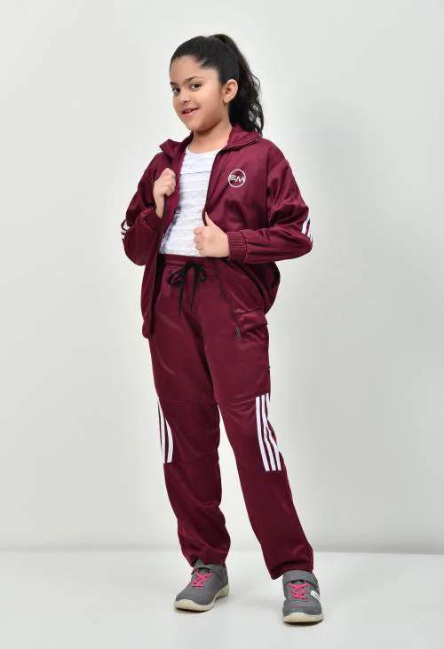 SMSHOPMORE Girls Track Suit, Comfortable and Relaxed Fit, Full Sleeve Jacket and Pyjamas for Playing, Sports, Home wear, Yoga or just a Casual wear (Red)