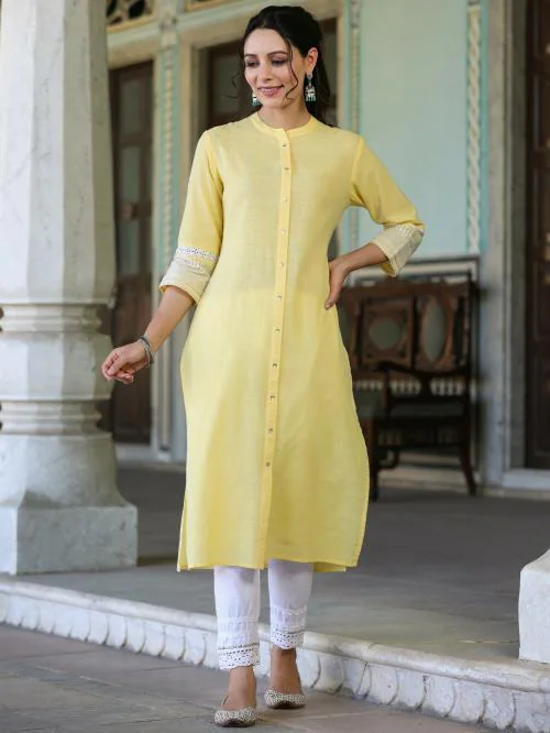 Juniper Women Yellow Cotton Slub Solid Straight Kurta.