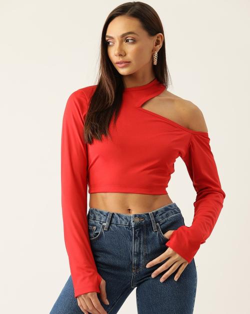 Red Neck Cut-Out Crop Top