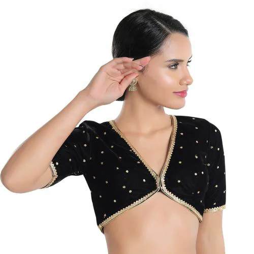 Salwar Studio Women's Black Velvet Readymade Saree Blouse