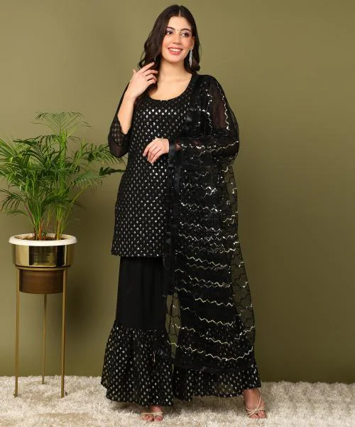 Edyssa Women Full Sleeve Embellished Black Color Georgette Fabric Festive & Party Round Neck Kurta And Sharara Ethenic Set(ED-135-BLACK)