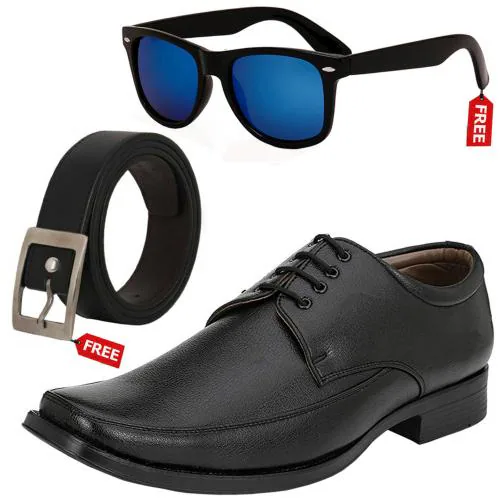 Vitoria Trendy Men's Black Lace-Up Sythetic Leather Formal Shoes With Free Belt & Unisex Sunglasses-10