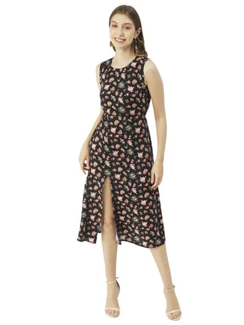 Moomaya Printed Stylish Back Dress, Front Slit Calf Length Dresses For Women